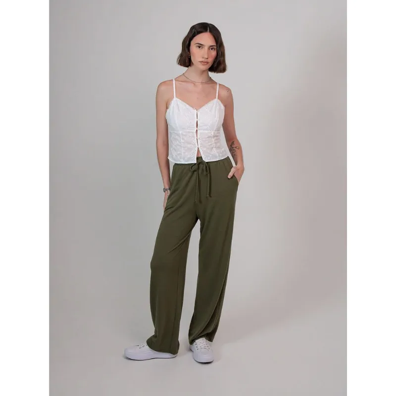 Calça poliéster feminino wide leg elástico verde Verde PP