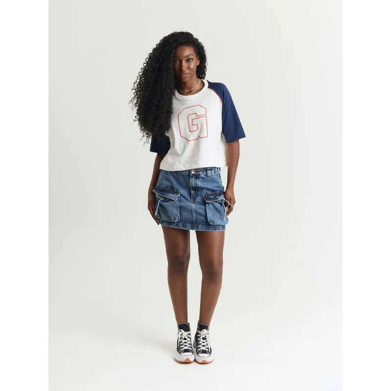 Saia jeans feminino bolsos frontais azul Azul 32