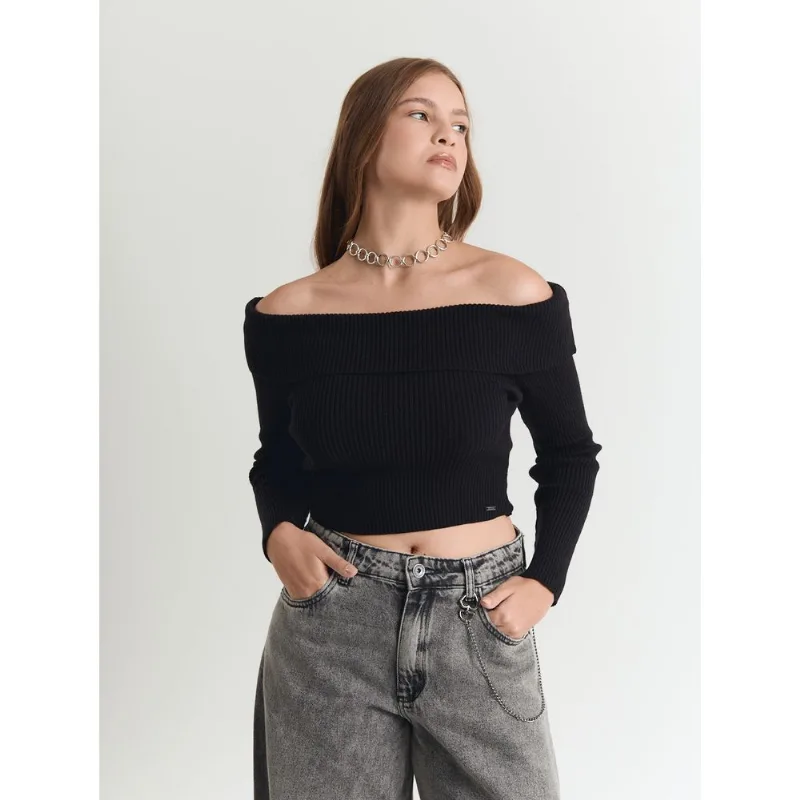 Tricot ombro a ombro feminino manga longa preto Preto PP