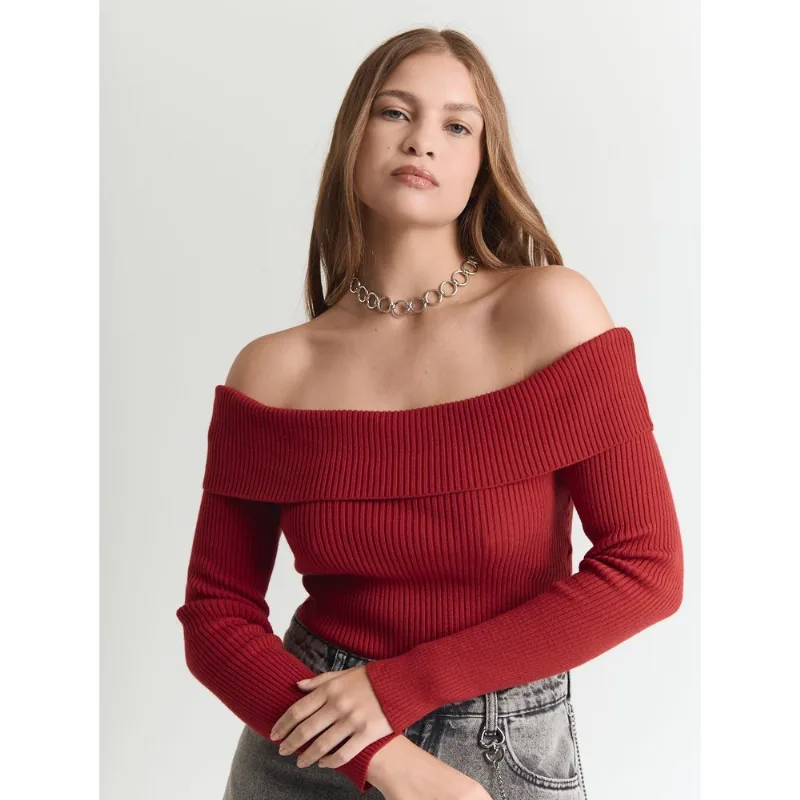 Tricot ombro a ombro feminino manga longa vermelho Vermelho P