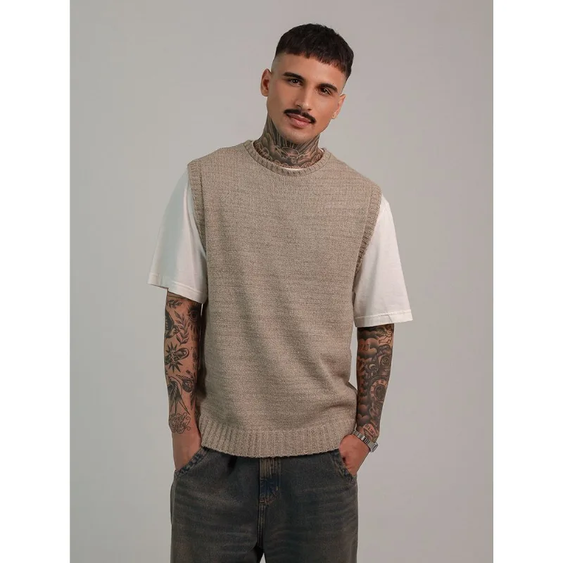 Colete tricot masculino fechado gola careca bege Bege P