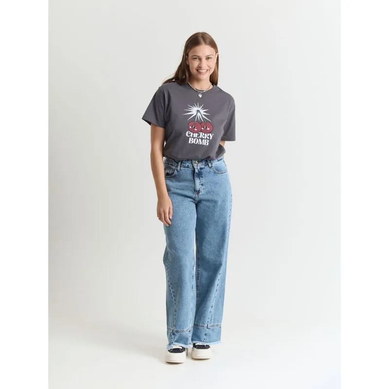 Calça jeans feminino wide leg friso frontal azul Azul 44