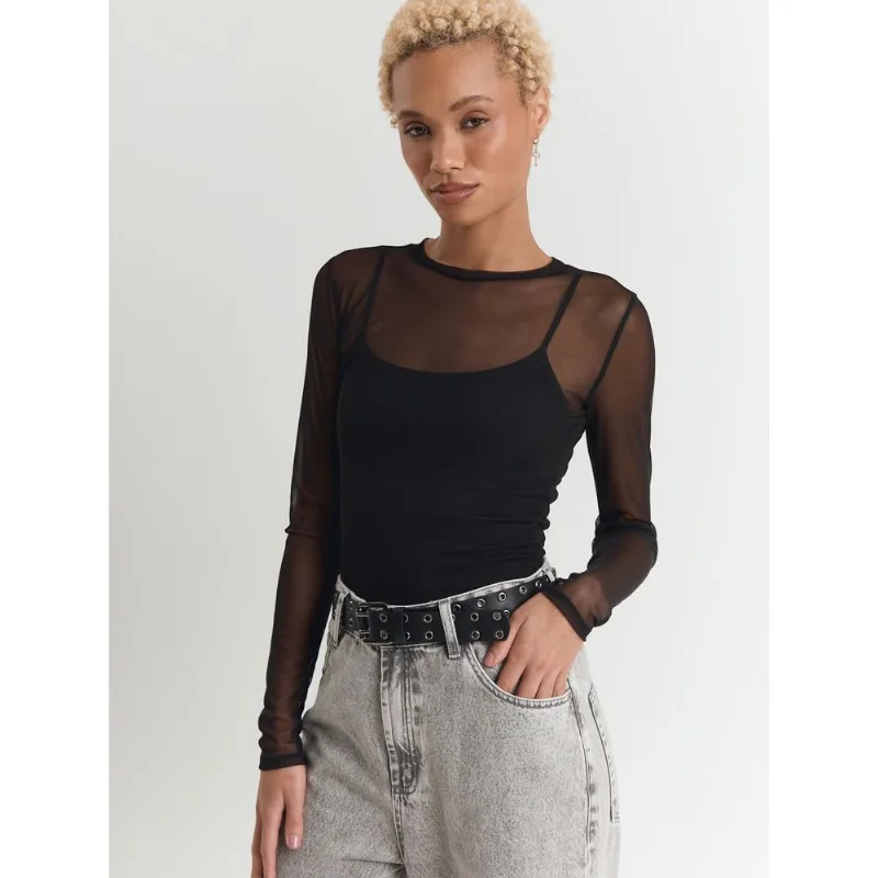 Blusa manga longa de tule Preto PP