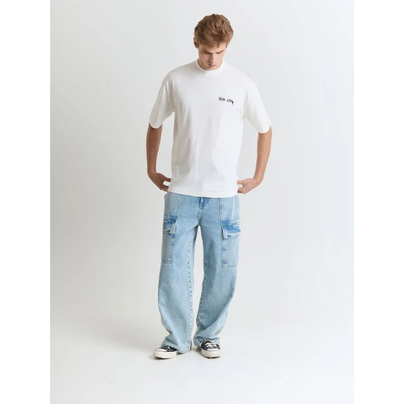 Calça jeans masculina reta bolso cargo azul Azul 40