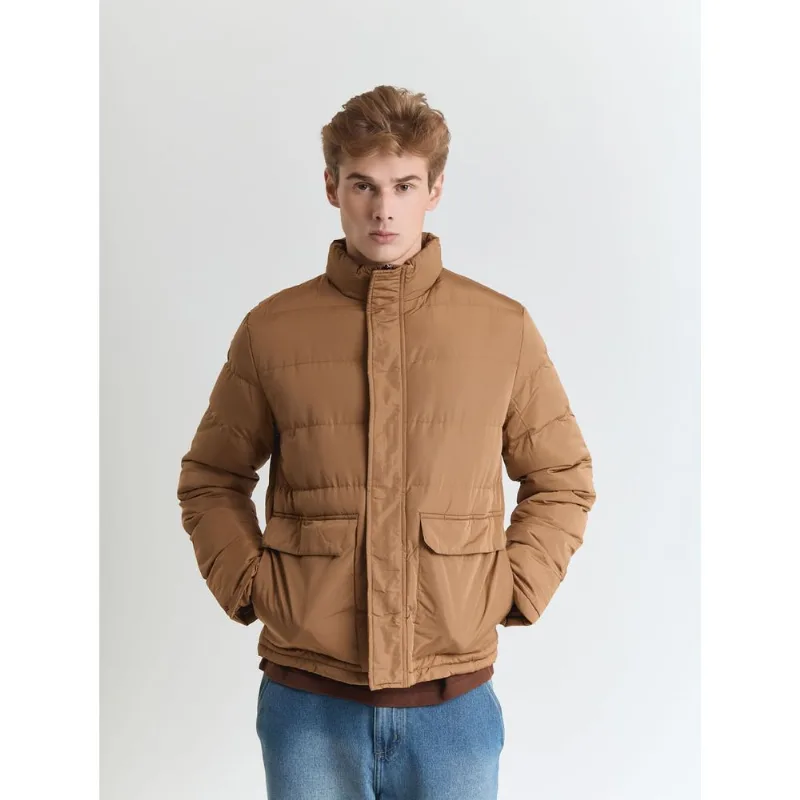 Jaqueta poliéster masculina puffer c/ bolso marrom Caramelo GG