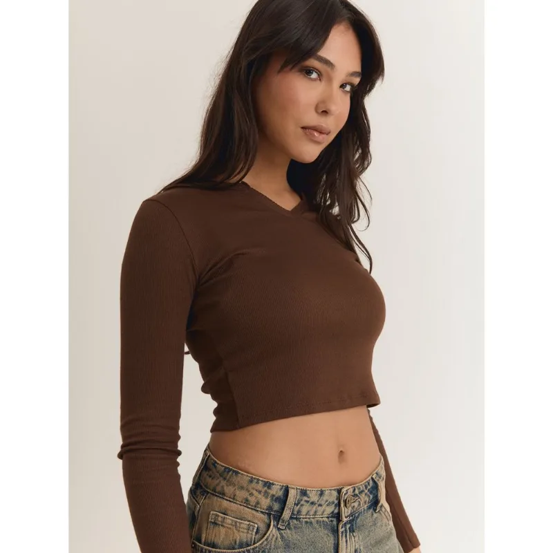 Blusa cropped decote V em ribana marrom Marrom GG