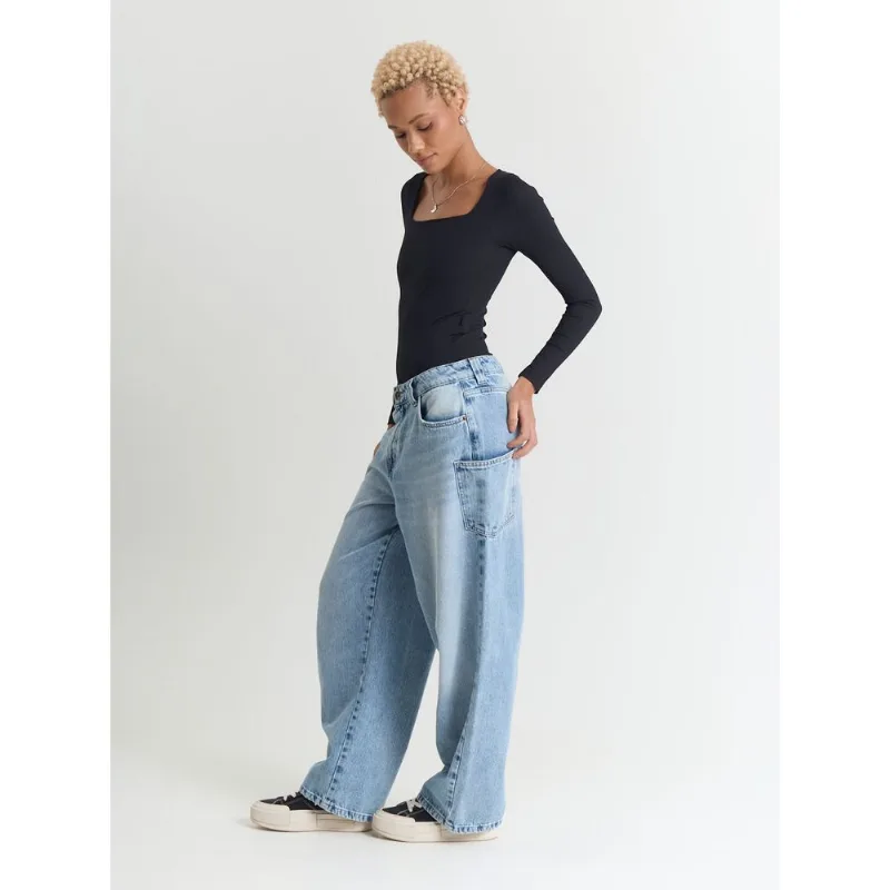Calça jeans feminino baggy bolso deslocado azul Azul 38