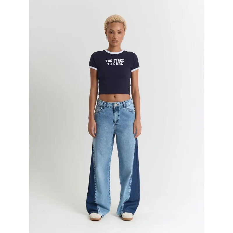 Calça jeans wide recorte lateral azul Azul 42