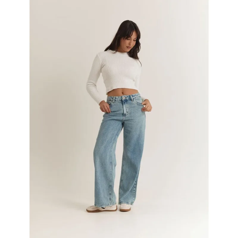 Calça jeans wide leg fivela costas azul Azul 36