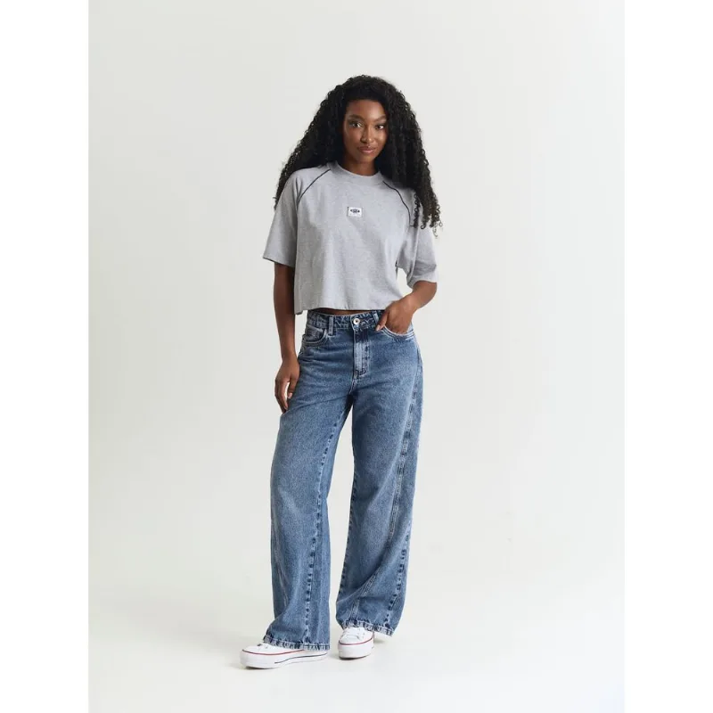 Calça wide leg jeans recortes filigrana Azul 34