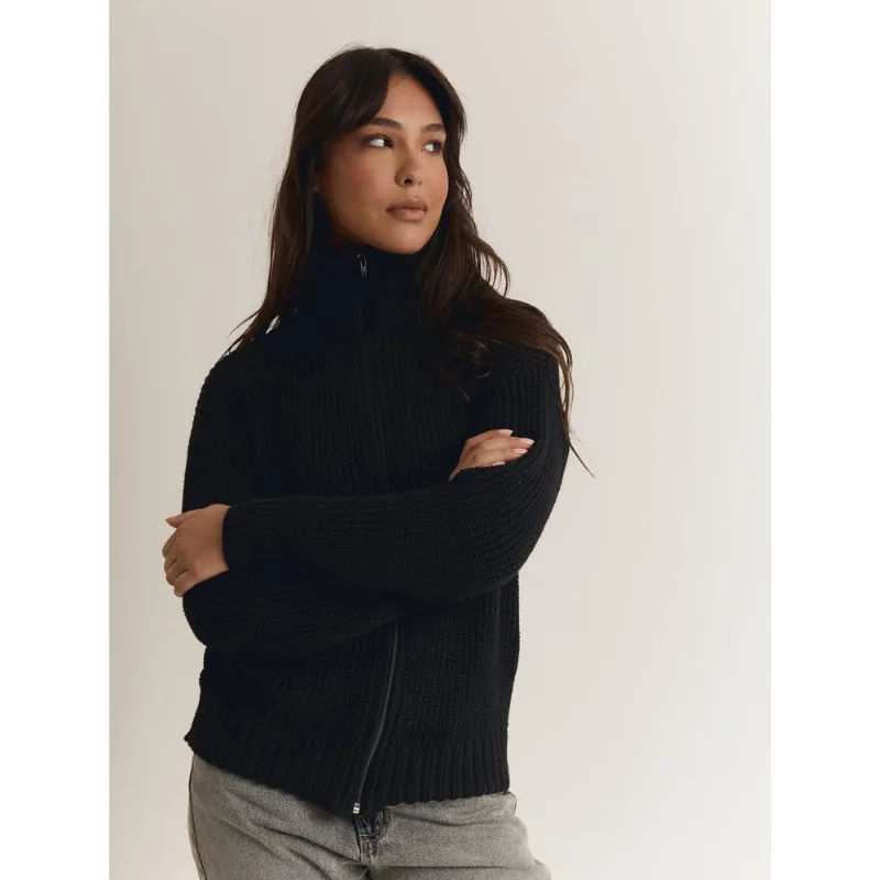 Casaco em tricot com zíper Preto P
