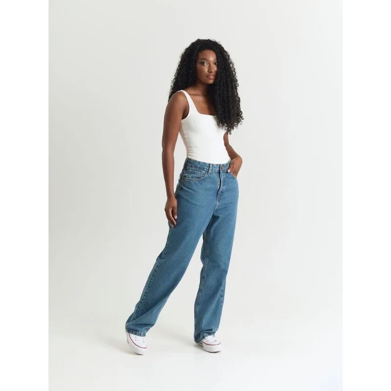 Calça reta jeans cintura média blue médio Azul 36