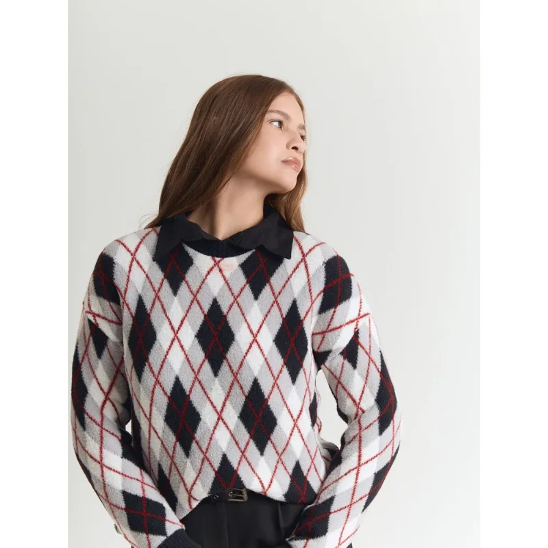 Tricot gola redonda argyle Preto PP