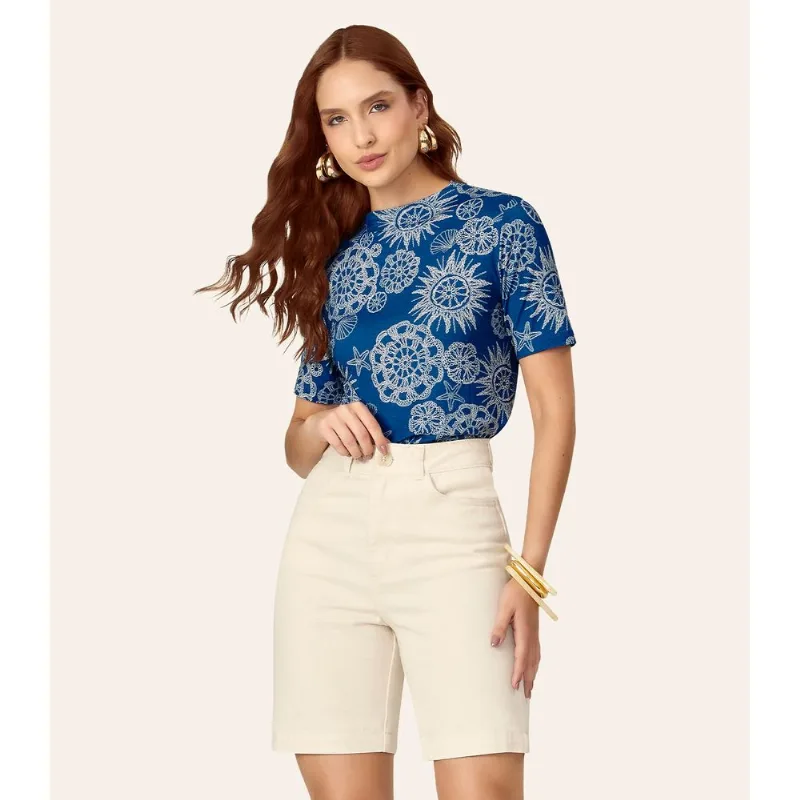 Blusa Feminina Box Estampada Gola Chaminé Endless Azul M