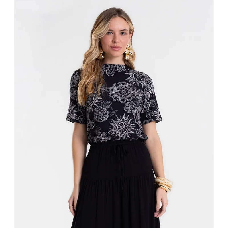Blusa Feminina Box Estampada Gola Chaminé Endless Preto G
