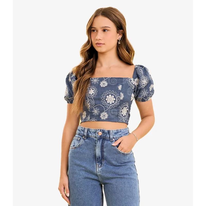 Blusa Feminina Com Manga Bufante e Bordado Minty Azul 16