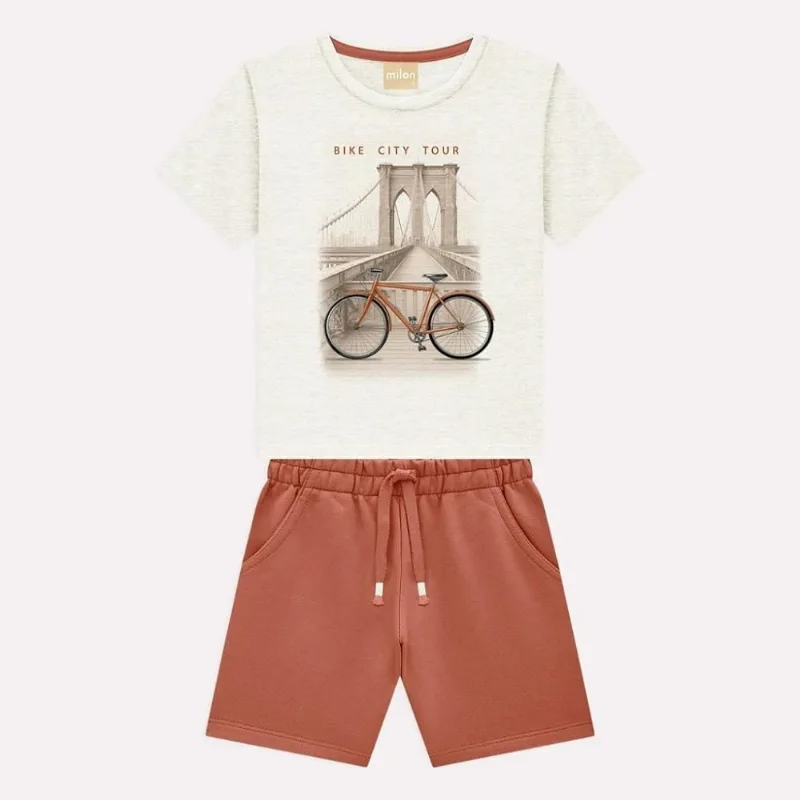Conjunto Camiseta e Bermuda Milon City Tour Bege e Laranja 2