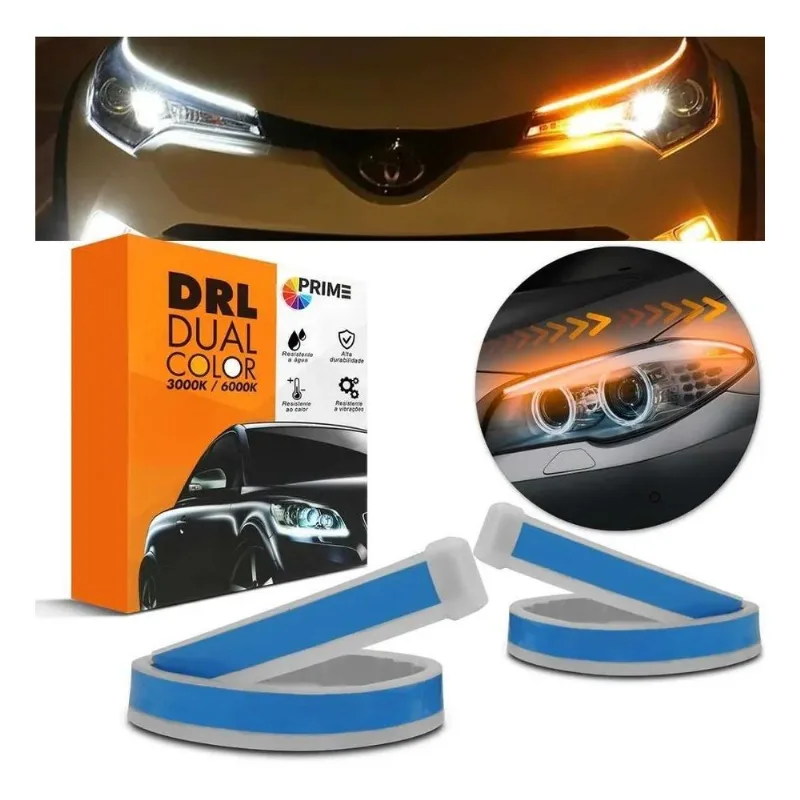 3x Kit Fita Led Farol Tunning Drl + Seta Sequencial 60cm Cor