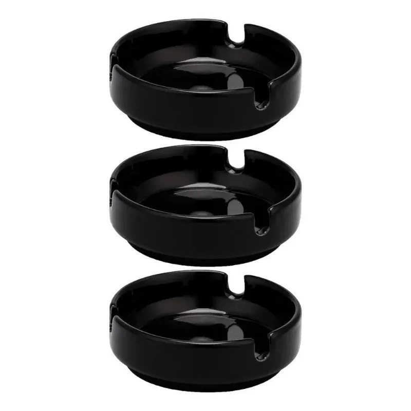 2x Kit 3 Cinzeiro Porcelana Preto Cinzeiros Redondo Liso Hot