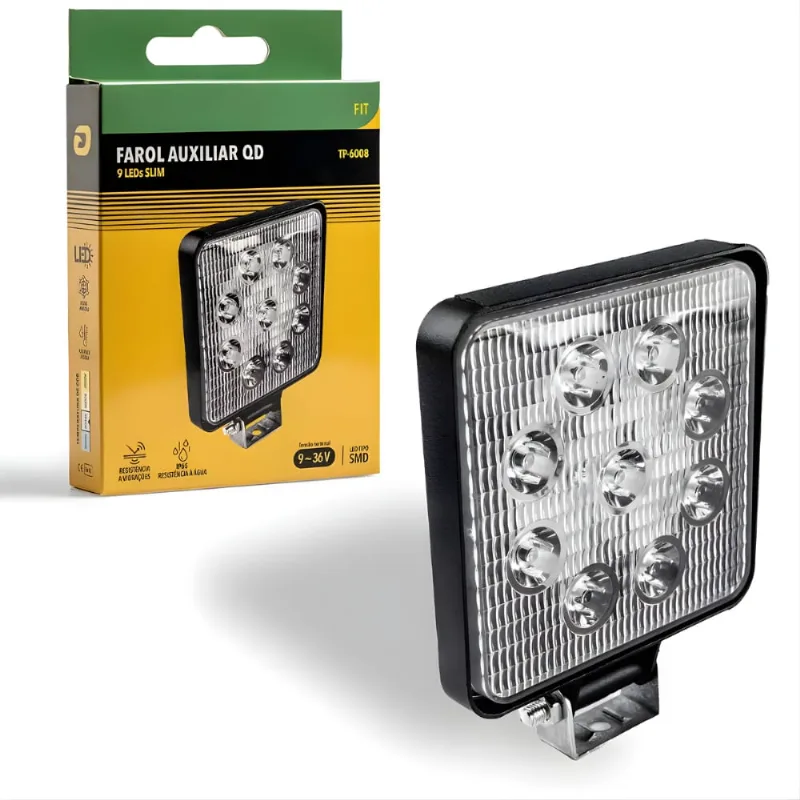 Farol Auxiliar Qd 9 Leds Slim 12v 24v 6000k Tp-6008