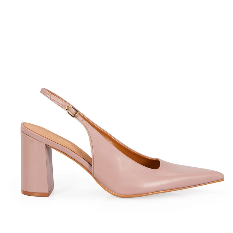 Scarpin Slingback Couro Salto Bloco Rosa Mocha 38