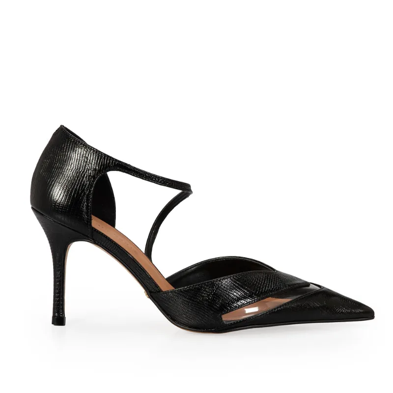 Scarpin Salto Fino Couro Lezard Preto 39