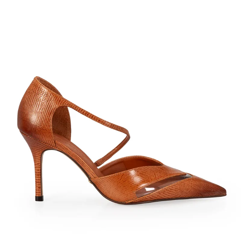 Scarpin Salto Fino Couro Lezard Caramelo 36