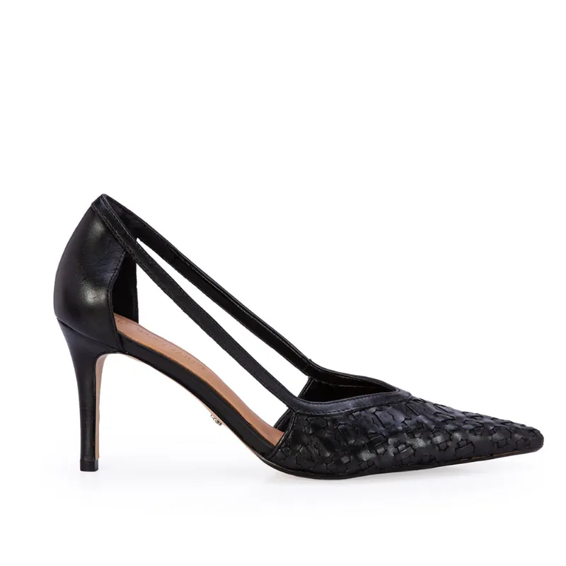 Scarpin Salto Médio Couro Tressê Preto 40