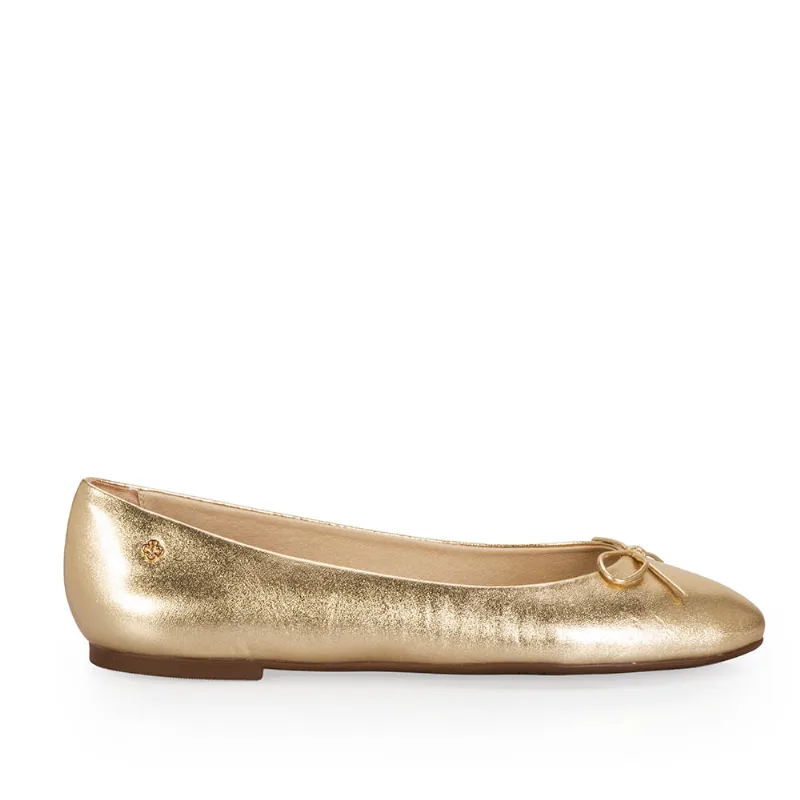 Sapatilha Bico Redondo Couro Metalizado Dourado 36