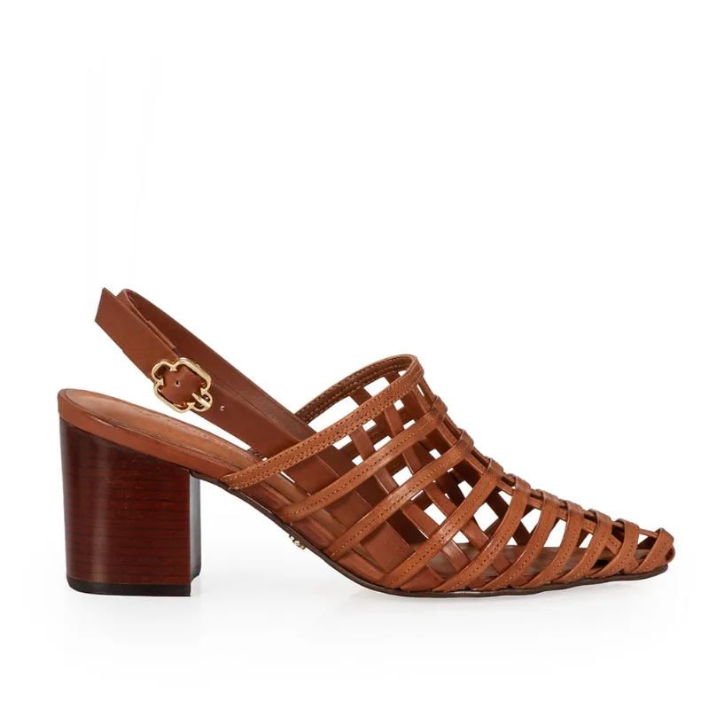 Scarpin Slingback Couro Tramado Marrom 36