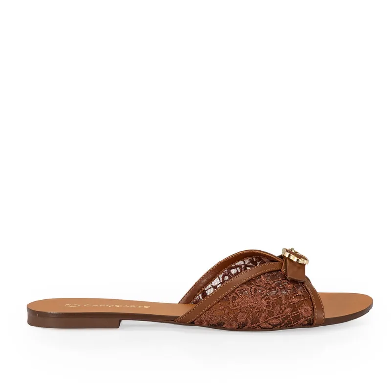 Chinelo Rasteiro Couro Tela Marrom 39