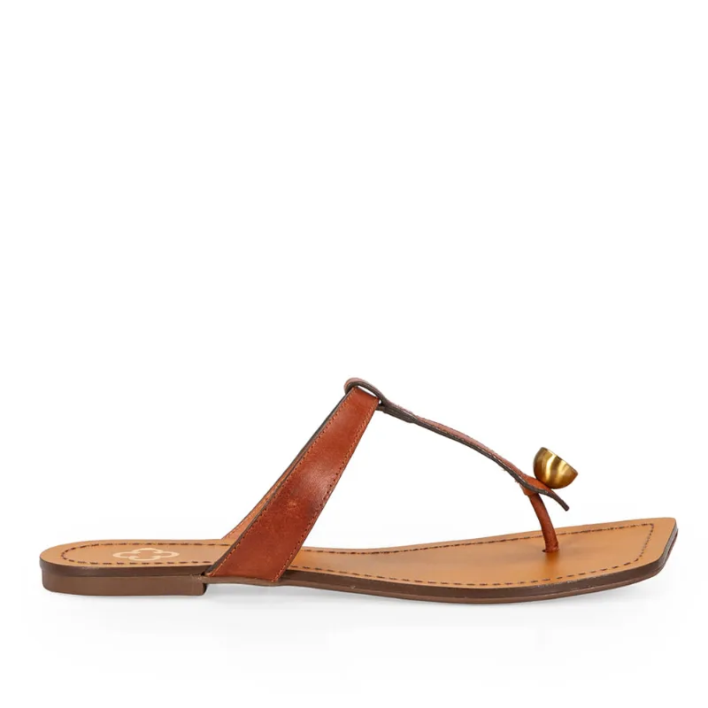 Chinelo Rasteiro Bico Quadrado Couro Caramelo 38