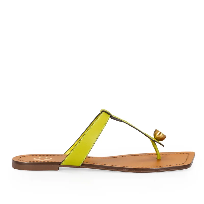 Chinelo Rasteiro Bico Quadrado Couro Verde Verbena 36