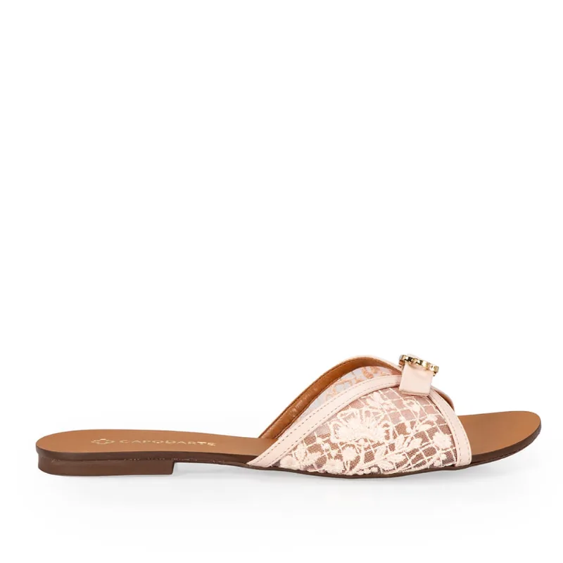 Chinelo Rasteiro Couro Tela Rosa Peônia 39