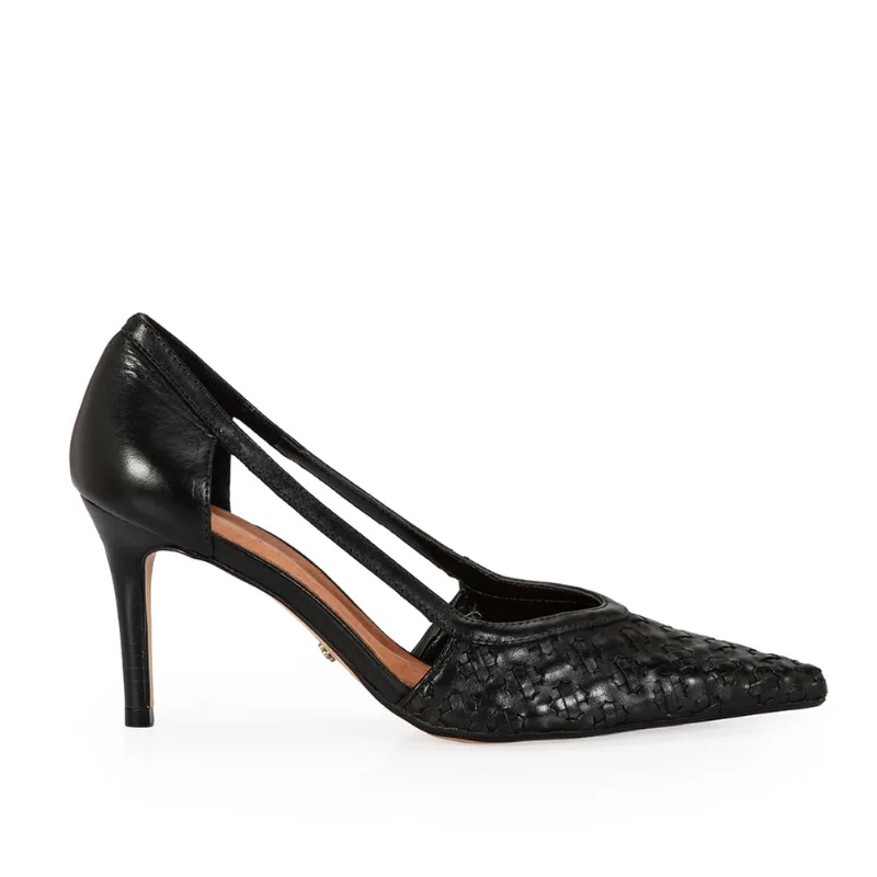 Scarpin Salto Fino Couro Tressê Preto 36