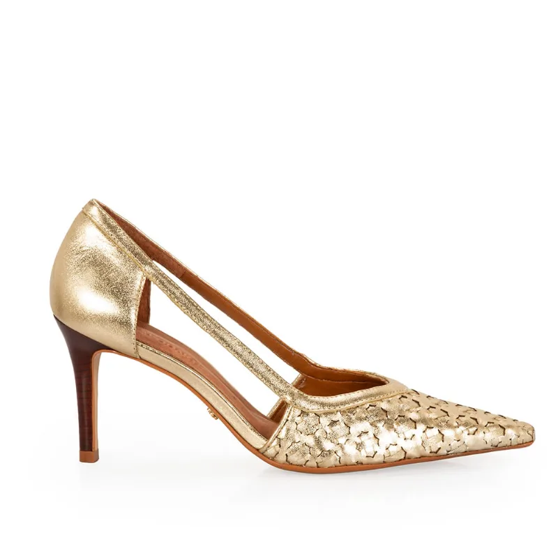 Scarpin Salto Fino Couro Tressê Metalizado Dourado 33