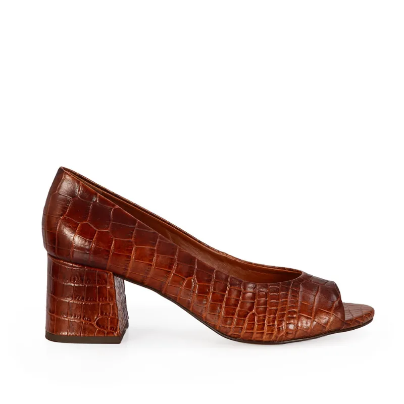 Peep Toe Caramelo Couro Croco Salto Bloco 39 - CAPODARTE