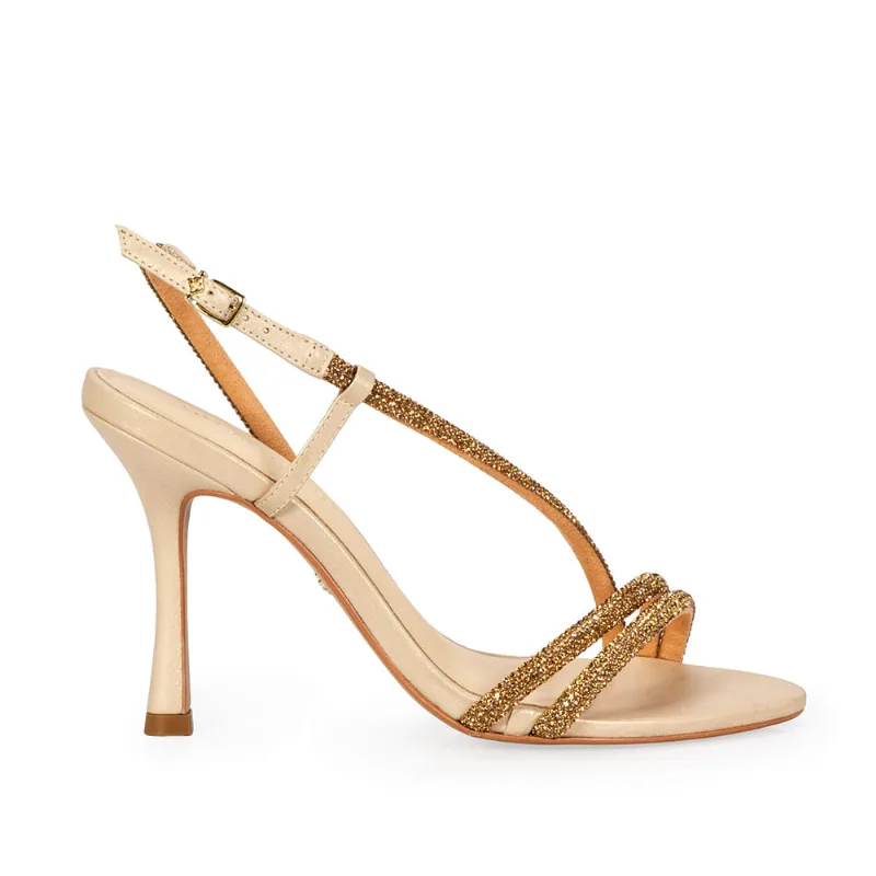 Sandália Salto Alto Couro Metalizado Dourado 40
