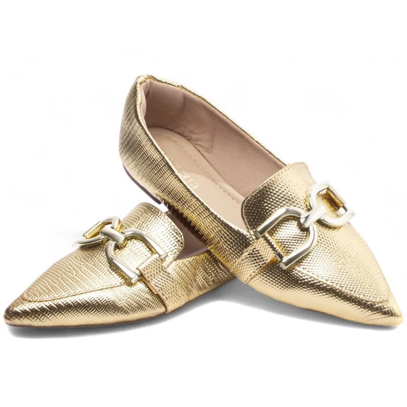 Sapatilha Sapato Mocassim Feminino Rateiro Bico Fino Dourado Torricella
