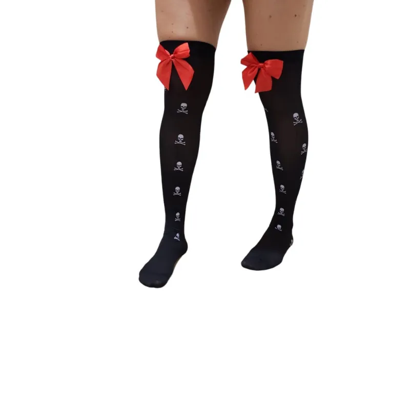 Meia over knee Desenho caveiras com laço adulto cosplay gótica 7/8