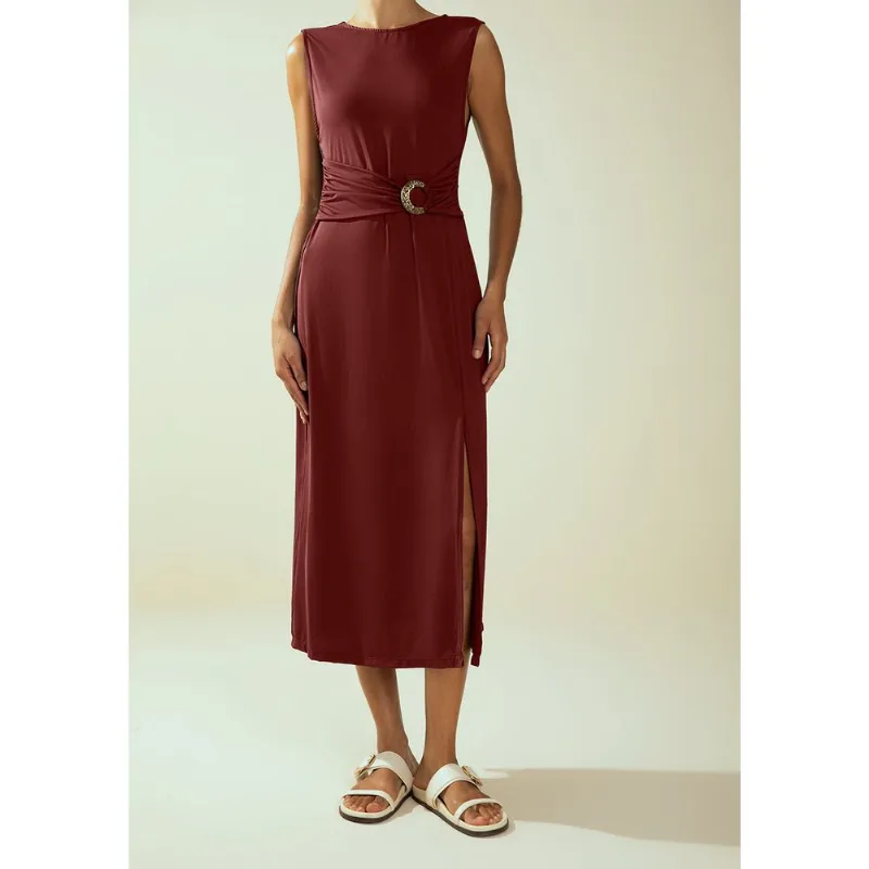 Vestido Morena Rosa Ajustado Decote Careca Sem Manga Midi Bordo P