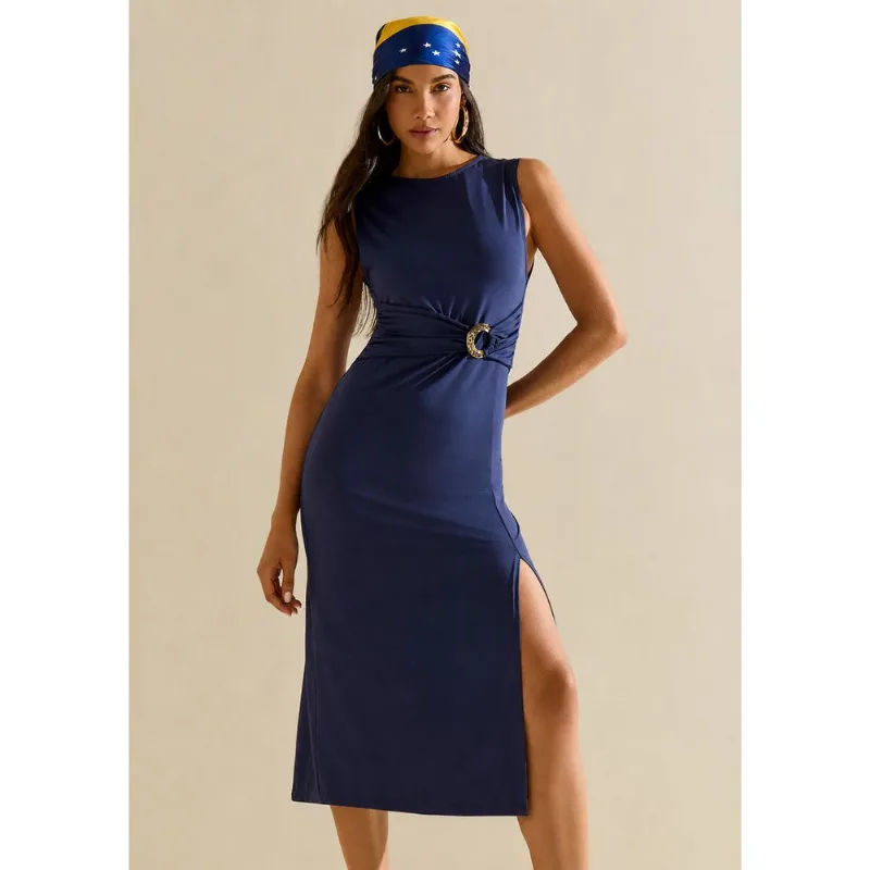 Vestido Morena Rosa Ajustado Decote Careca Sem Manga Midi Azul Escuro M