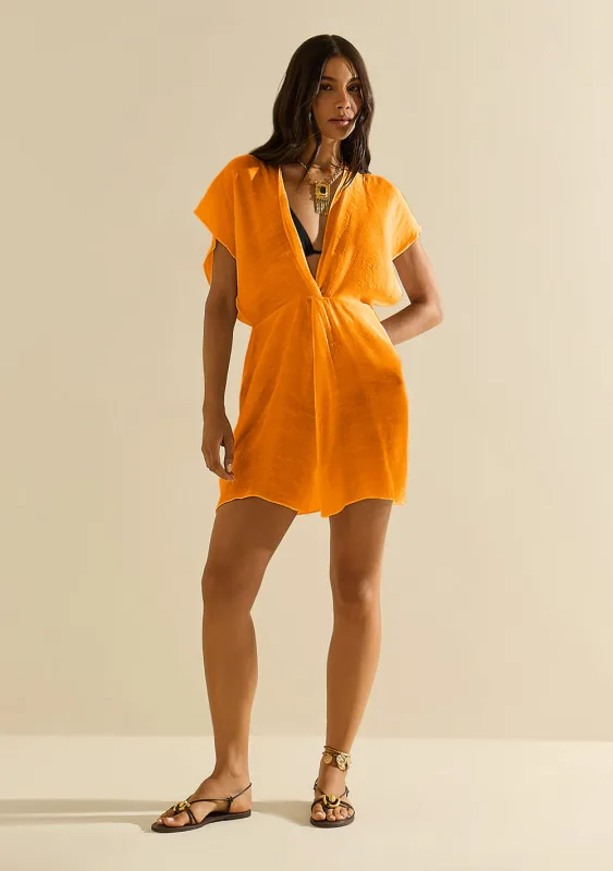 Vestido Morena Rosa Solto Decote V Manga Curta Curto Laranja - Morena Rosa - Linhas