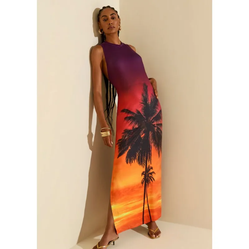 Vestido Morena Rosa Solto Decote Careca Sem Manga Longo Laranja M - Morena Rosa