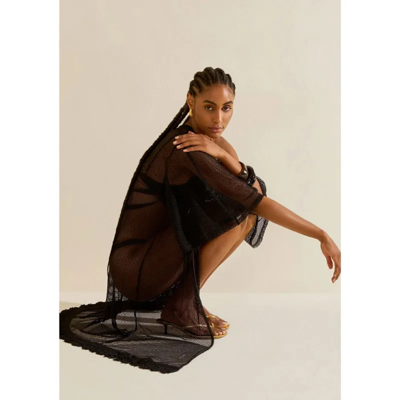 Kaftan Morena Rosa Solto Manga Longa Padrão Preto M