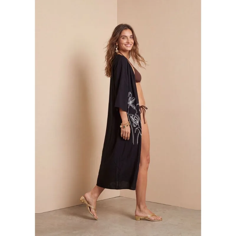 Kimono Morena Rosa Solto Manga Longa Alongado Preto G