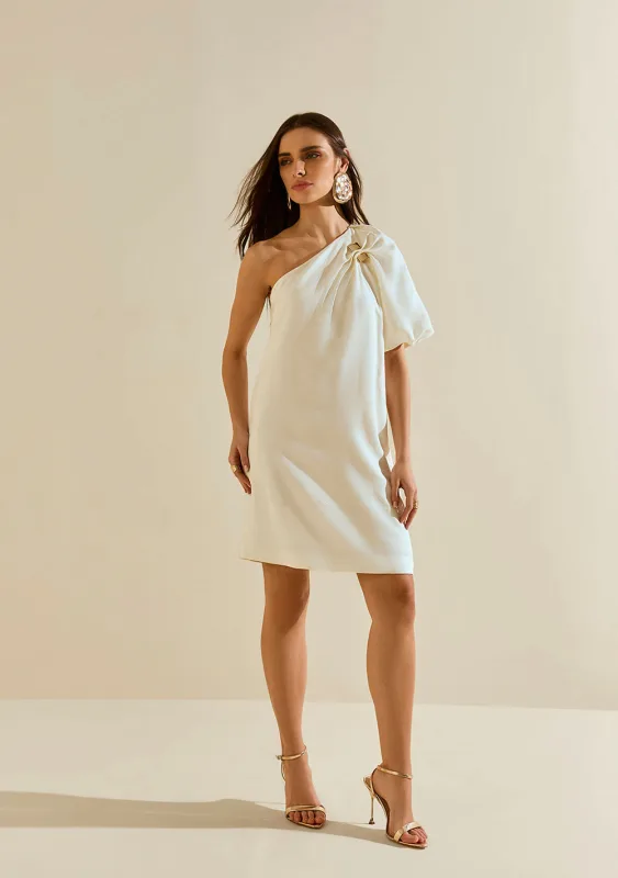 Vestido Morena Rosa Solto Um Ombro Só Manga Curta Curto Off White - Morena Rosa - Outlet