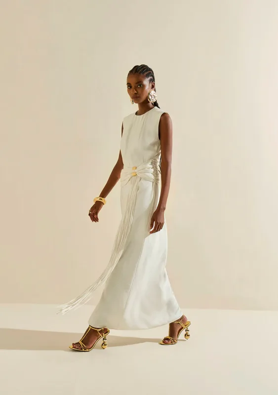 Vestido Morena Rosa Solto Decote Careca Manga Curta Longo Off White - Morena Rosa - Outlet