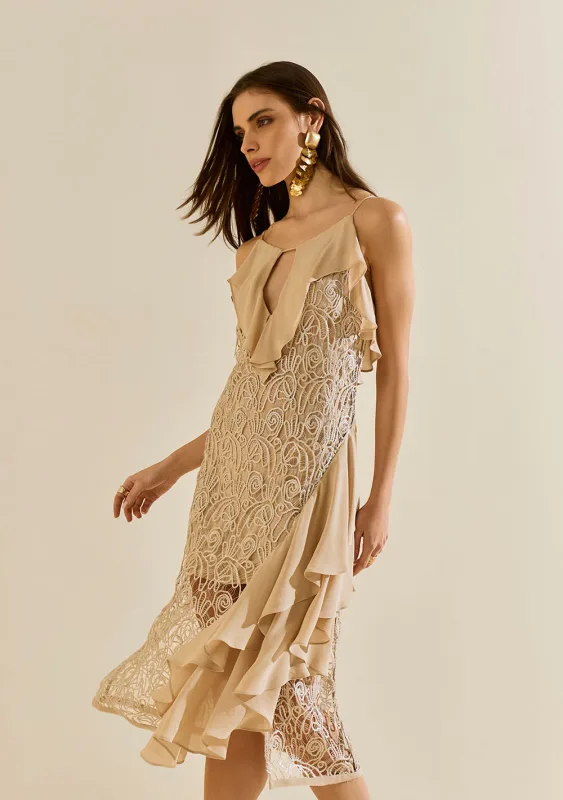 Vestido Morena Rosa Solto Decote V Com Alça Midi Bege - Morena Rosa - Outlet