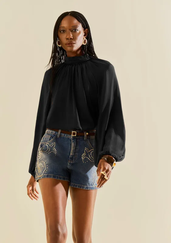 Blusa Morena Rosa Solta Gola Alta Manga Longa Padrão Preto - Morena Rosa - Outlet